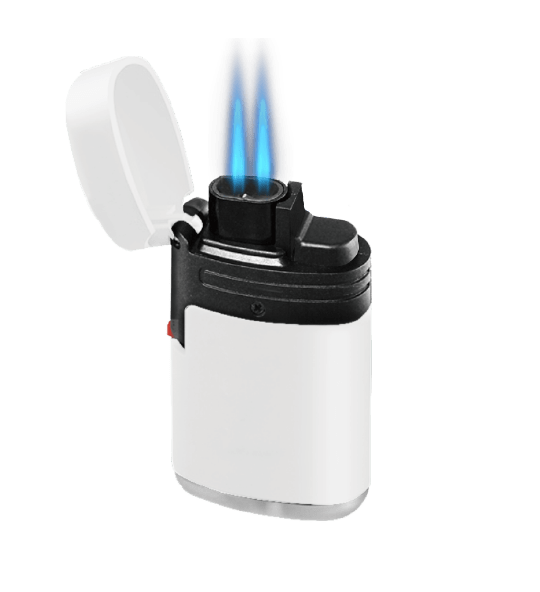 The Zengaz ZL-2 lighter in white and black with flame.