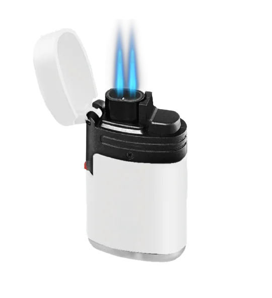 The Zengaz ZL-2 lighter in white and black with flame.