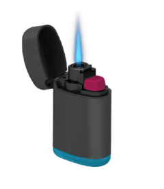 The Zengaz ZL-3 lighter in black and dark blue with flame.