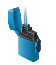 The Zengaz ZL-4 lighter in light blue and black with flame.
