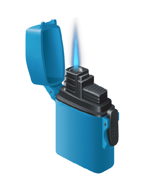 The Zengaz ZL-4 lighter in light blue and black with flame.