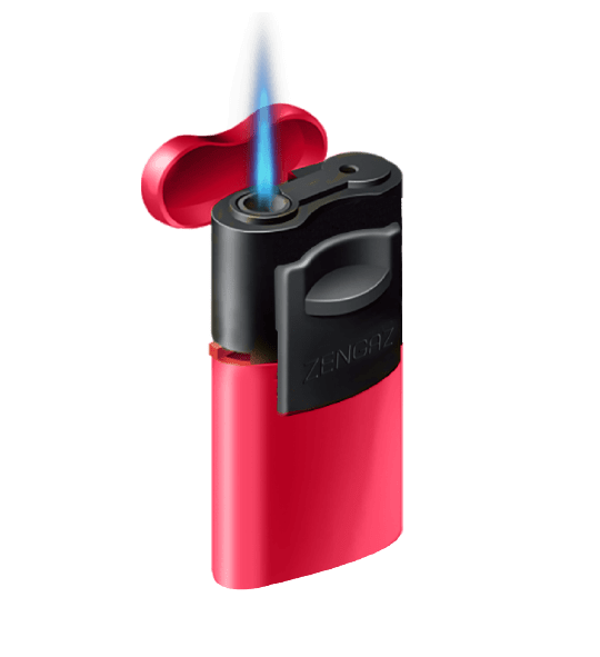The Zengaz ZL-5 lighter in red and black with flame.