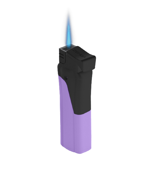 The Zengaz ZL-7 lighter in purple and black with flame.