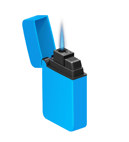 The Zengaz ZL-8 lighter in light blue with flame.