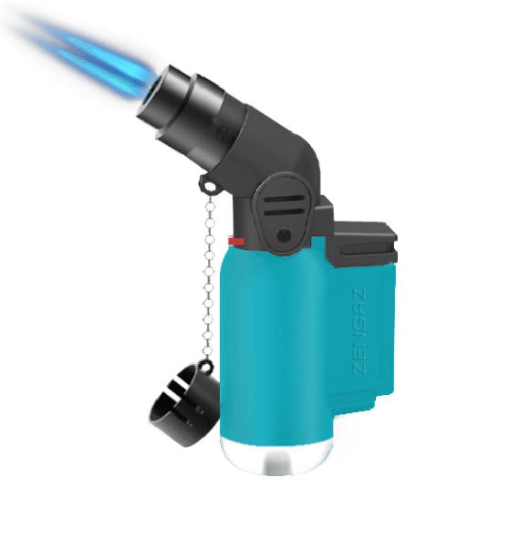 The Zengaz ZL-17 lighter in neon blue with flame.