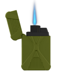The Zengaz ZL-16 lighter in olive with flame.