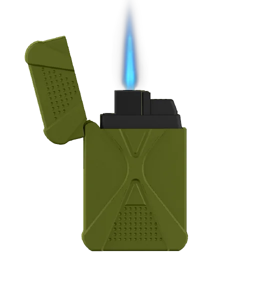 The Zengaz ZL-16 lighter in olive with flame.